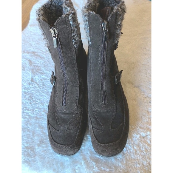 US 8.5/EU 38.5 Aquatalia Womens Brown Suede Zip Up Wedge Knit Ankle Boots Buckle - Picture 3 of 7